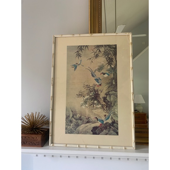 Other - Vintage Chinoiserie Bird Bamboo Print White Faux Bamboo Frame‎ Hollywood Regency